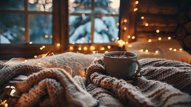 Foto uma aconchegante cena de inverno com uma chávena de chocolate quente em um cobertor de tricô macio o caloroso brilho das luzes das fadas acrescenta à atmosfera aconchagante