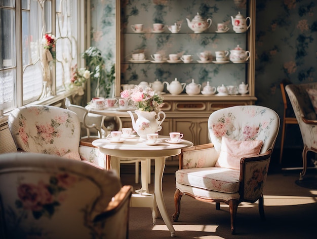 Uma aconchegante sala de chá com papel de parede floral e móveis vintage