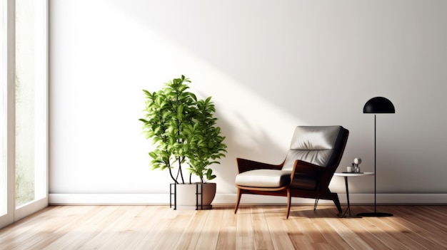 Uma aconchegante sala de estar com um vaso de plantas verdes e uma confortável poltrona Generative ai