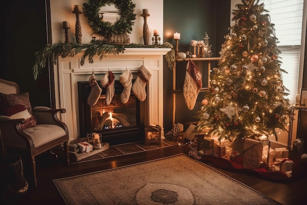 Uma aconchegante sala de estar com uma árvore lindamente decorada e meias penduradas no manto