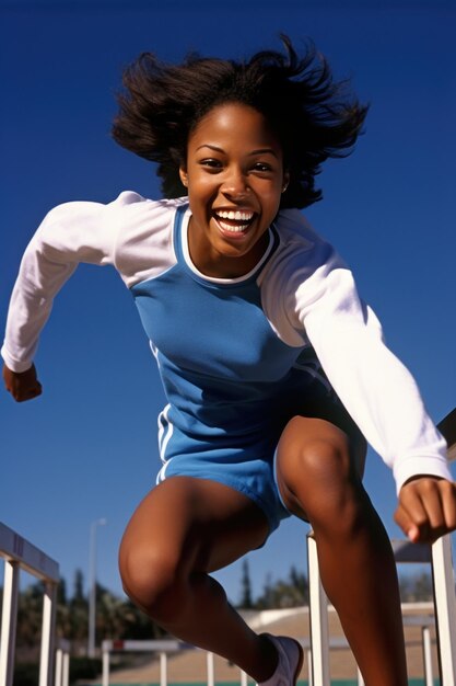 Foto uma adolescente afro-americana sorridente a saltar ao ar livre.