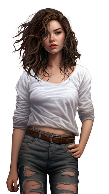 Uma adolescente com cabelos ondulados e jeans rasgados isolados em um fundo branco