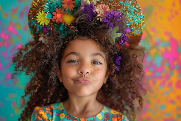 Uma adolescente com roupas festivas faz uma cara engraçada a garota faz caras para a câmera