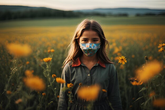 Uma adolescente com uma máscara parada em um campo com flores amarelas