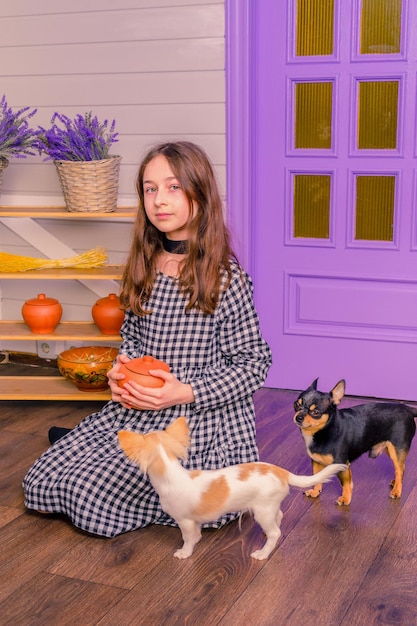 Uma adolescente de vestido com dois mini cachorros chihuahua uma garota em casa com seus animais de estimação