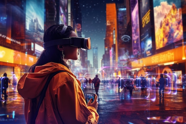 Uma adolescente explora a cidade do metaverso em óculos de realidade virtual extremo close-up Generative AI