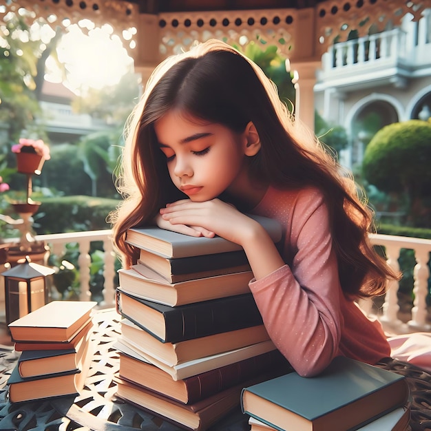 Foto uma adolescente sentada sobre livros uma grande pilha de livros