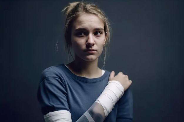 Uma adolescente triste com uma mão ferida, uma jovem com um pulso fraturado vendado.