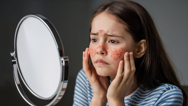 Uma adolescente triste está olhando para as espinhas em seu rosto no espelho acne