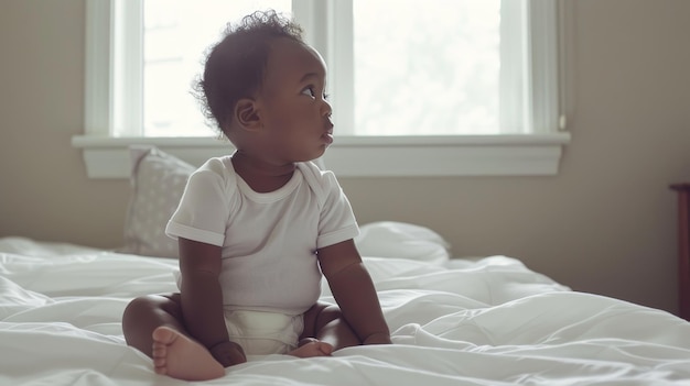 Uma adorável criança afro-americana deitada numa cama.