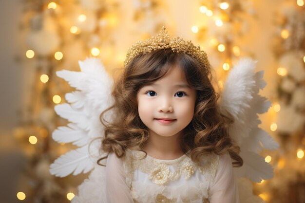 Uma adorável criança asiática em um traje de anjo com um halo dourado em um cenário de estúdio de Natal sonhoso