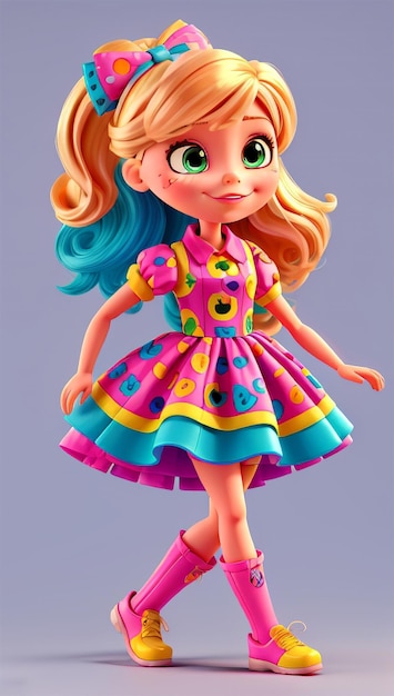 Uma adorável garota barbie em vestido multicolorido