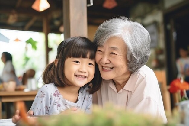 Uma adorável menina asiática está a brincar e a abraçar a avó com um momento de felicidade total.