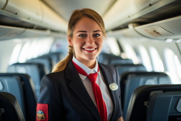 Uma aeromoça profissional com um sorriso amigável e gerador de Ai