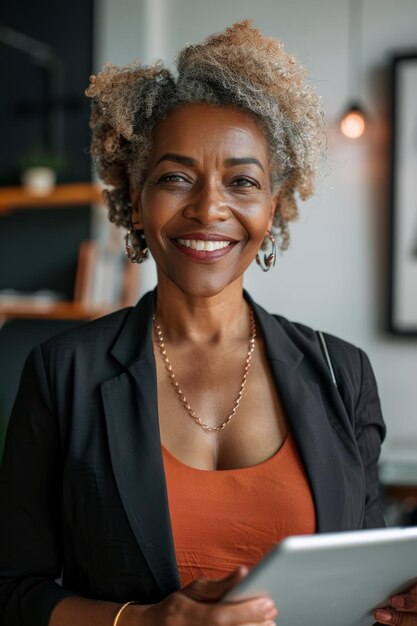 Uma afro-americana sorridente, mulher de negócios madura, executiva de uma empresa de RH de 40 anos.