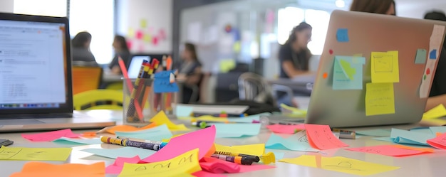 Foto uma agência criativa fazendo brainstorming com laptops abriu notas adesivas coloridas e marcadores espalhados pela mesa