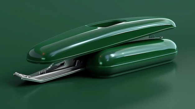 Foto uma agrafadora verde sobre um fundo verde a agrafadora é feita de metal e tem um acabamento brilhante tem cerca de 6 polegadas de comprimento e 2 polegadas de largura