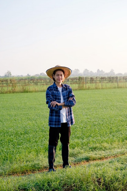 Uma agricultora asiática está de pé no meio de um campo de manhã