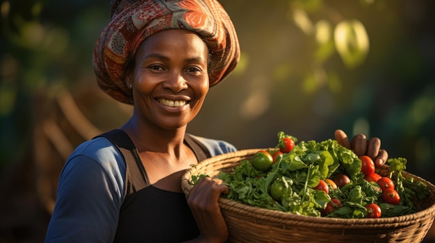 Uma agricultora feliz da Afroharvest segura uma cesta com legumes recém colhidos e sorri