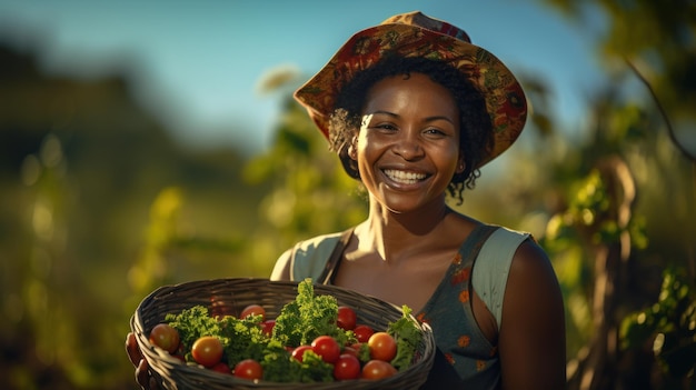 Uma agricultora feliz da Afroharvest segura uma cesta com legumes recém colhidos e sorri