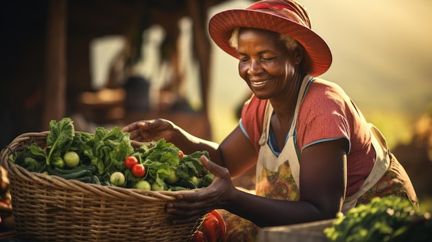 Uma agricultora feliz da Afroharvest segura uma cesta com legumes recém colhidos e sorri