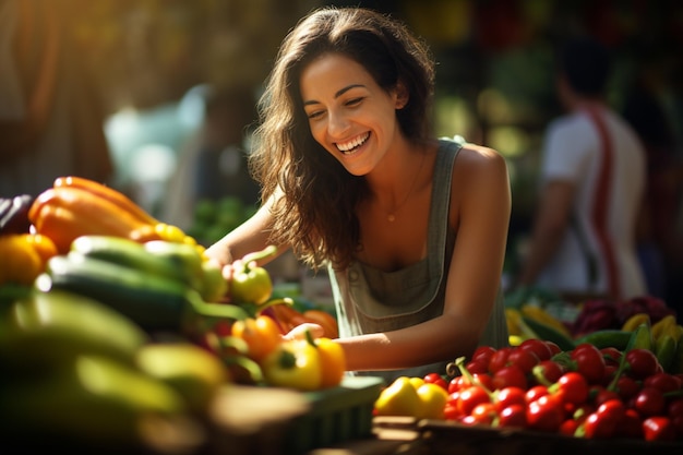 Uma agricultora sorridente preparando frutas e legumes para venda no mercado de agricultores com Generative AI