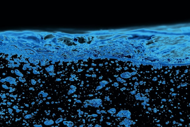 Uma água azul e bolhas de ar na piscina sobre fundo preto