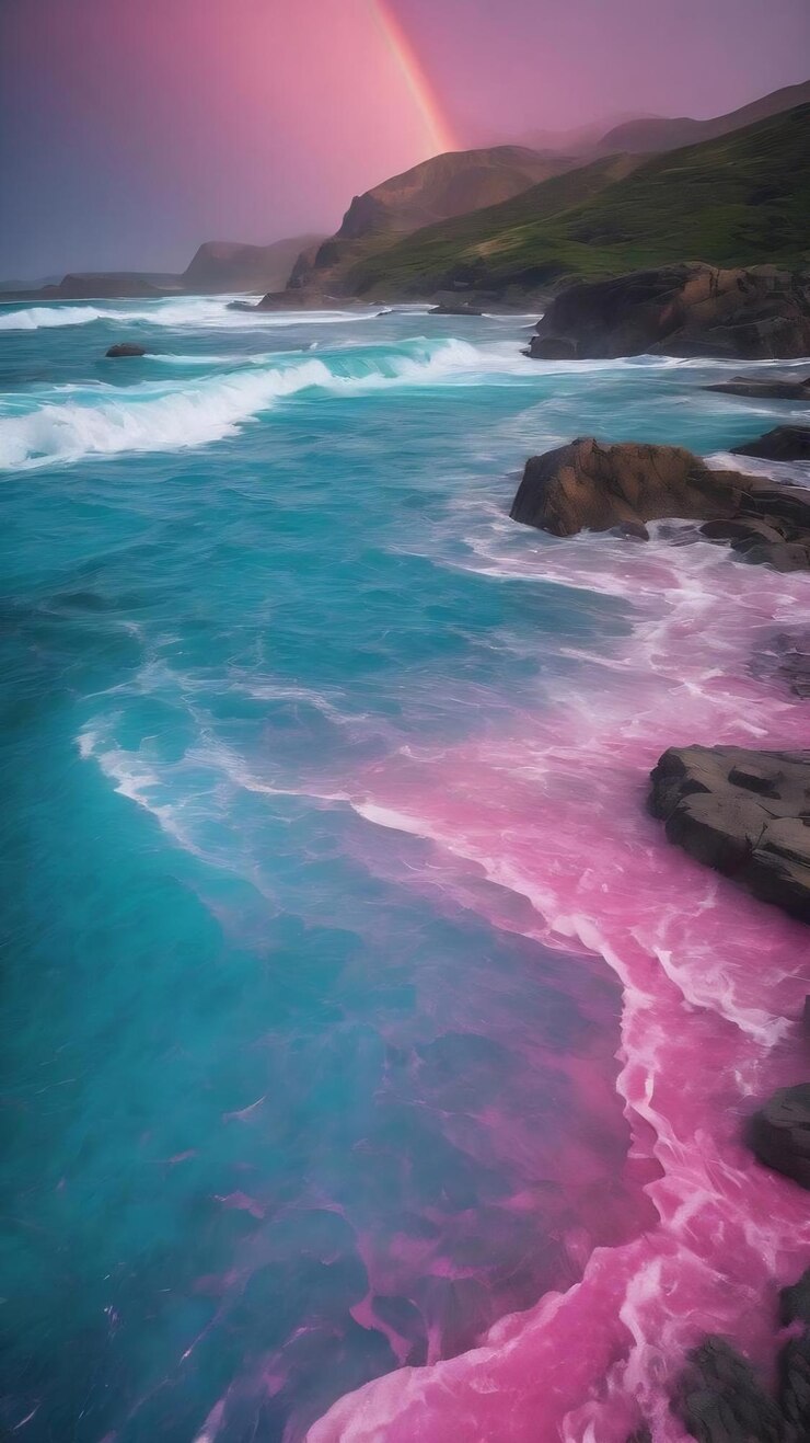 Foto uma água rosa e azul com as cores do arco-íris