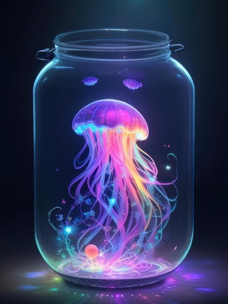 Uma água-viva brilhante dentro de uma jarra