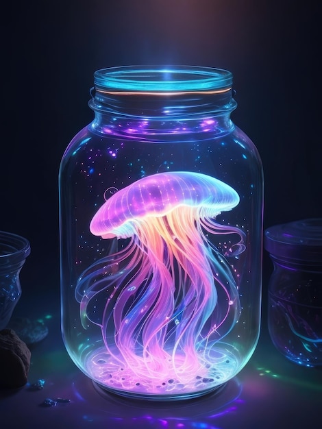 Uma água-viva brilhante dentro de uma jarra