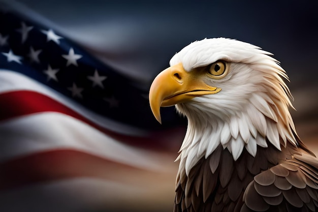 Uma águia careca com a bandeira americana atrás dela