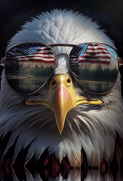 Uma águia careca com óculos de sol e a bandeira americana nele