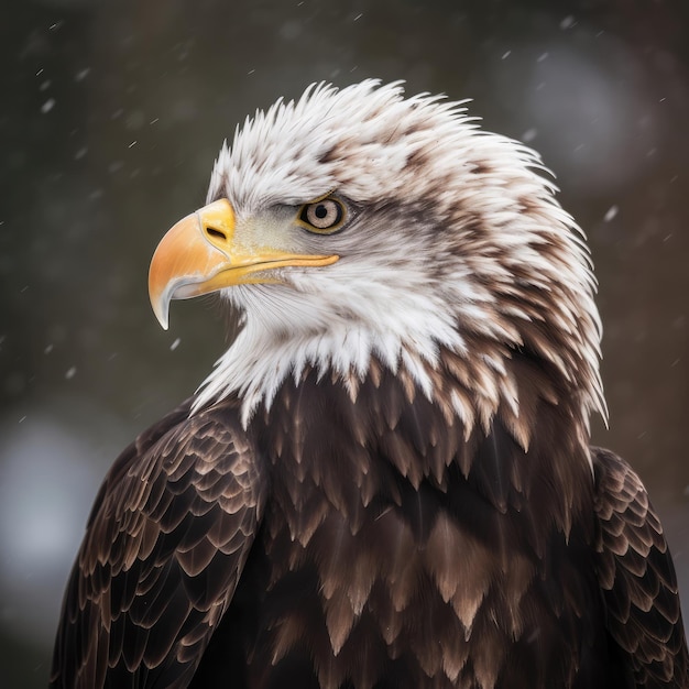 Uma águia careca com um bico amarelo e um bico branco fica na neve.