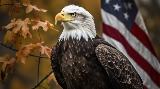 Uma águia careca fica na frente de uma bandeira que diz 'liberdade' nela.