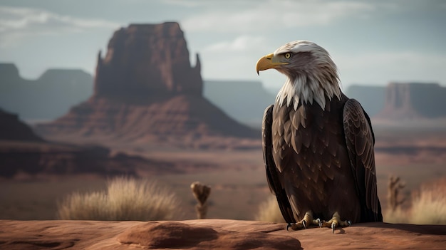 Uma águia careca senta-se em uma rocha no deserto.