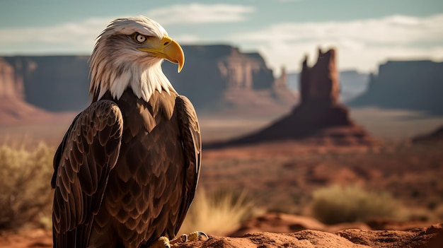 Uma águia careca senta-se em uma rocha no deserto.