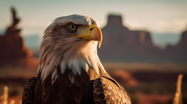 Foto uma águia careca senta-se na frente de um monumento no vale do monumento.