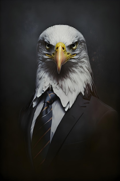 Foto uma águia careca vestindo um terno e gravata com um colar que diz 