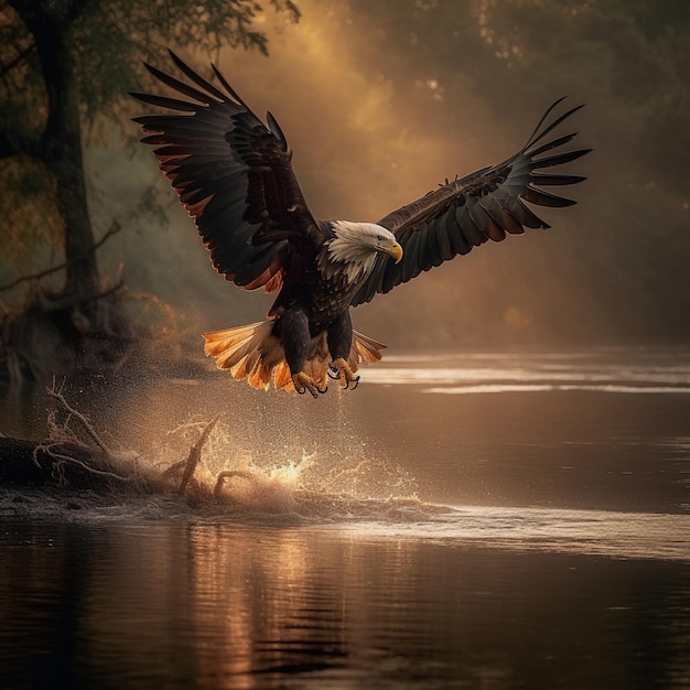 Uma águia careca voa sobre um corpo de água.