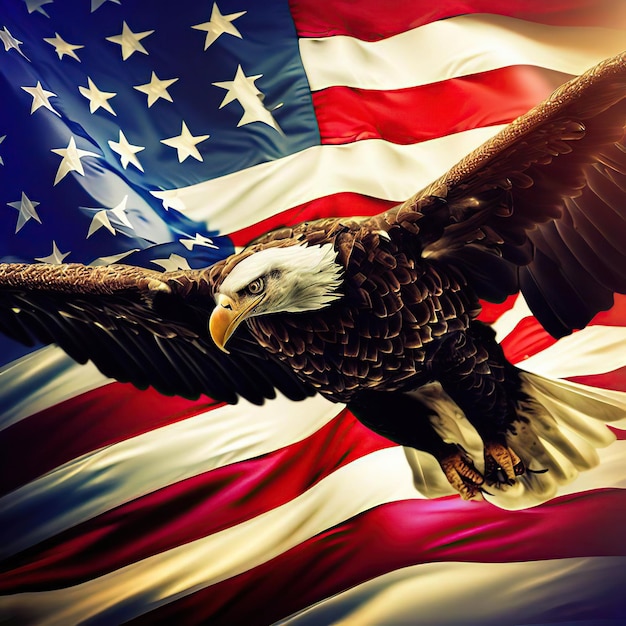 Uma águia careca voando na frente de uma bandeira do dia da independência americana