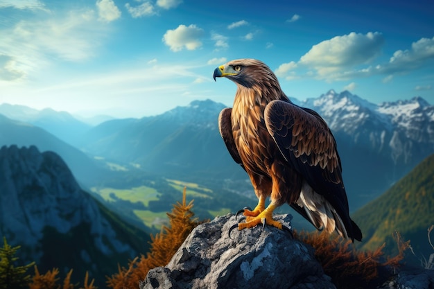 Uma águia de pé no topo de uma colina com vista para uma magnífica cordilheira