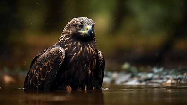 Uma águia dourada senta-se em uma lagoa