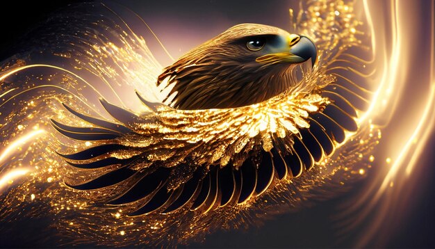 Foto uma águia dourada voando no fundo brilhante e brilhante