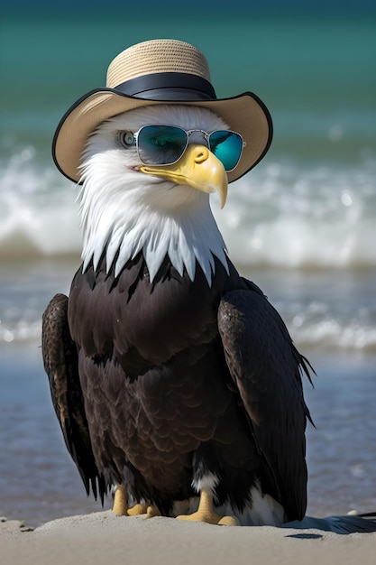 Uma águia na praia usando óculos