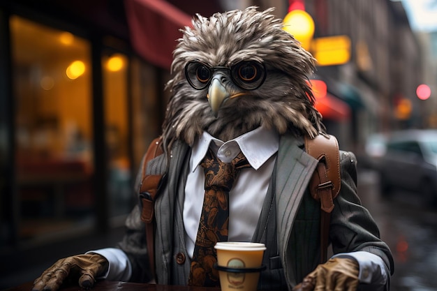 Uma águia ou pássaro vestindo uma jaqueta cinza, camisa branca, gravata e óculos enquanto bebe um café