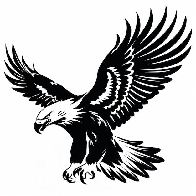 uma águia preta e branca voando com as asas estendidas