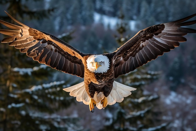 Uma águia voa pelo ar com as asas bem abertas.