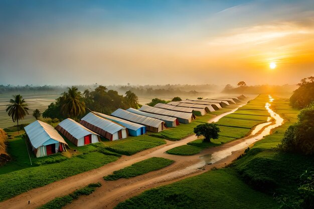 uma aldeia com um pôr-do-sol no fundo