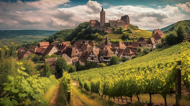 Uma aldeia com vinhas e vinhedos ao fundo