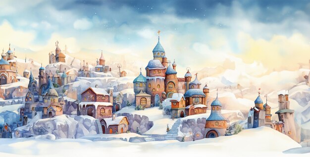uma aldeia de casas com uma fábrica de Santa no fundo antigo castelo na neve
